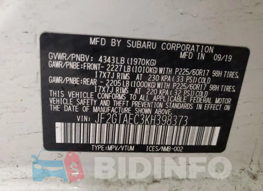 JF2GTAEC3KH398373 Photo# 12