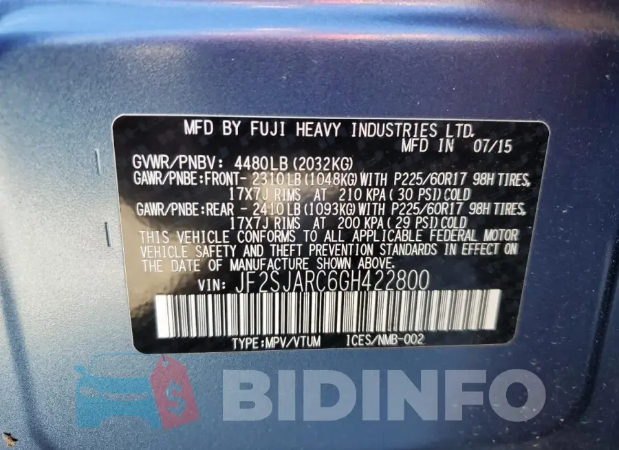 JF2SJARC6GH422800 Photo# 14