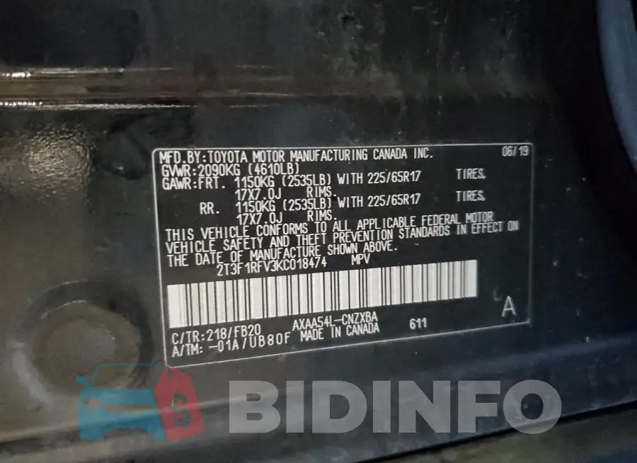 2T3F1RFV3KC018474 Photo# 13