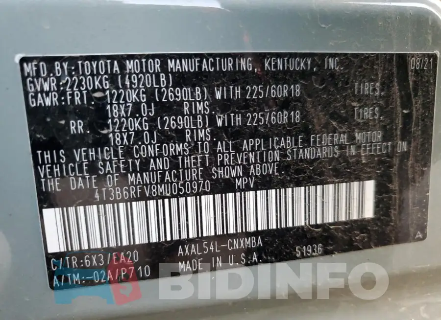 4T3B6RFV8MU050970 Photo# 13