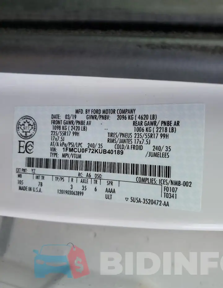 1FMCU0F72KUB40189 Photo# 13