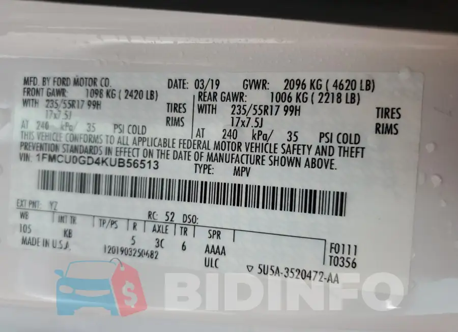 1FMCU0GD4KUB56513 Photo# 14