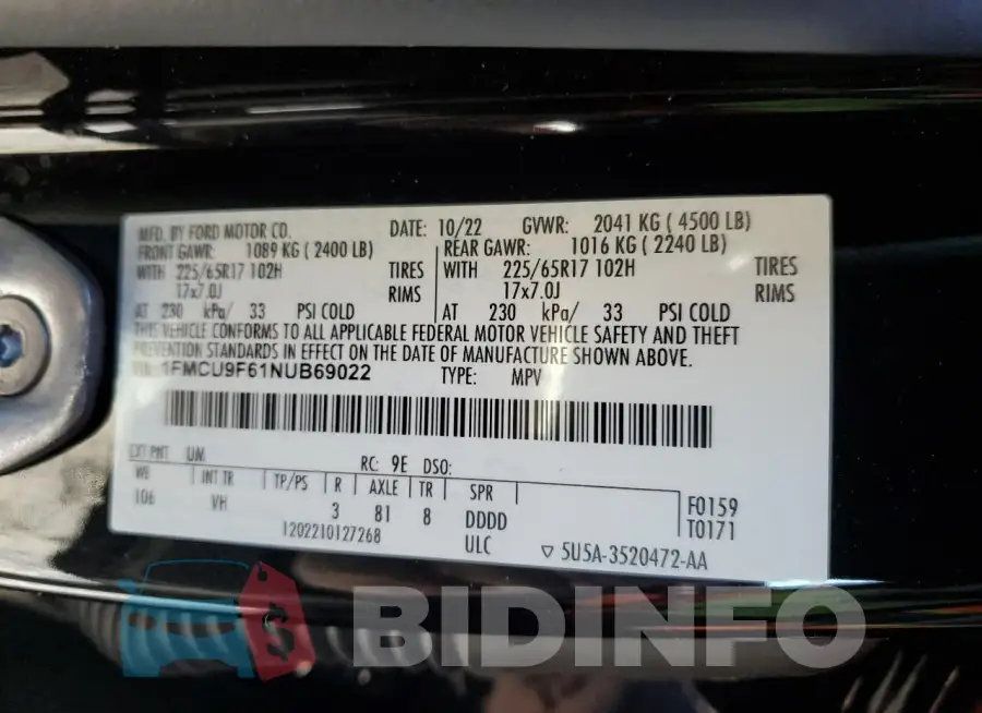 1FMCU9F61NUB69022 Photo# 12