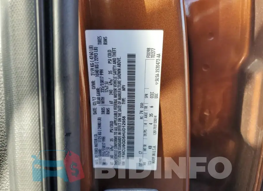 1FMCU9GD5HUD12958 Photo# 12