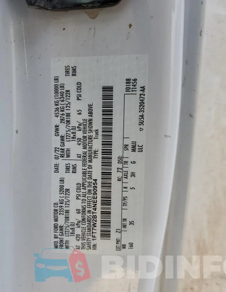 1FT7W2BT4NEE90954 Photo# 12