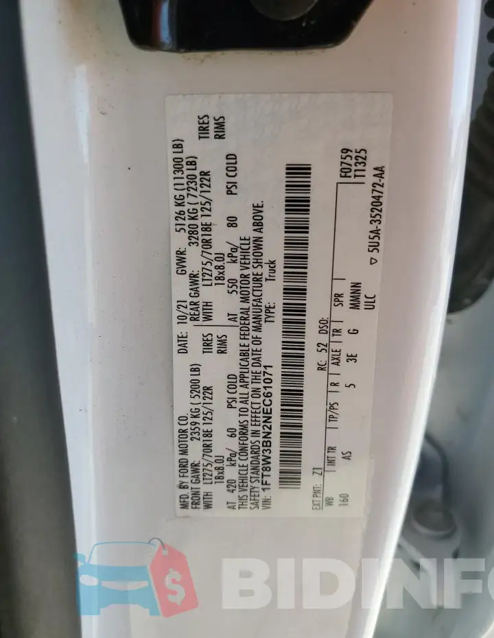 1FT8W3BN2NEC61071 Photo# 12