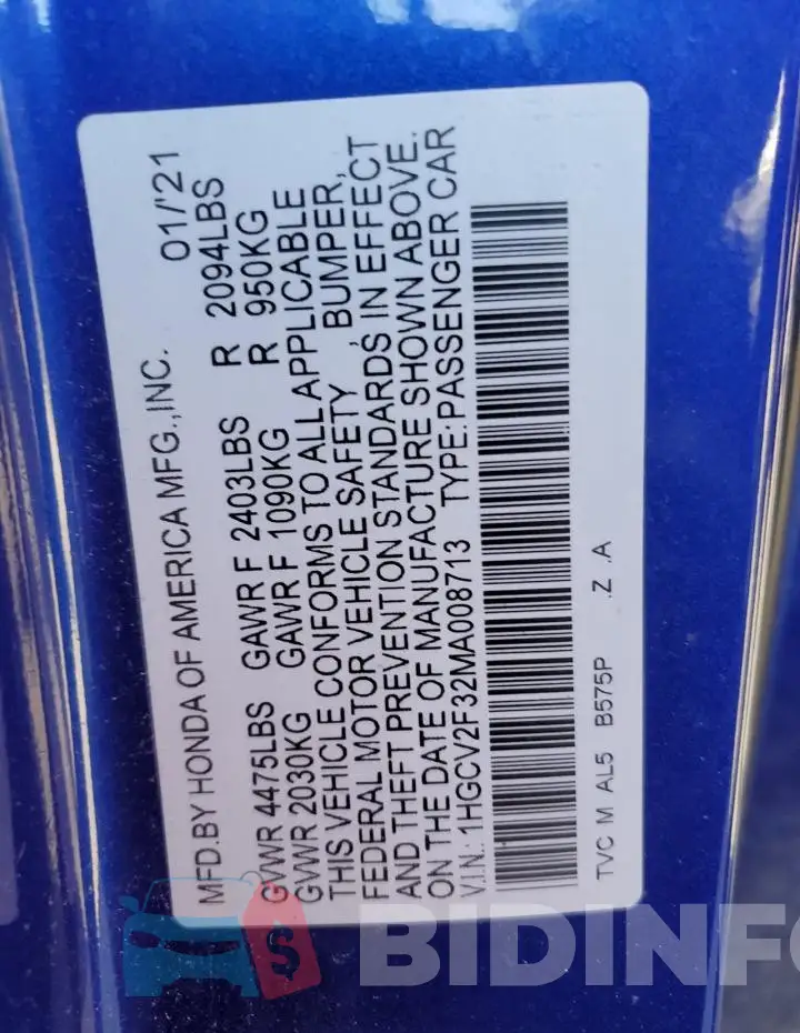 1HGCV2F32MA008713 Photo# 13