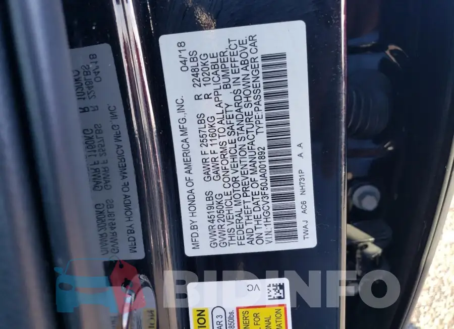 1HGCV3F50JA001892 Photo# 12