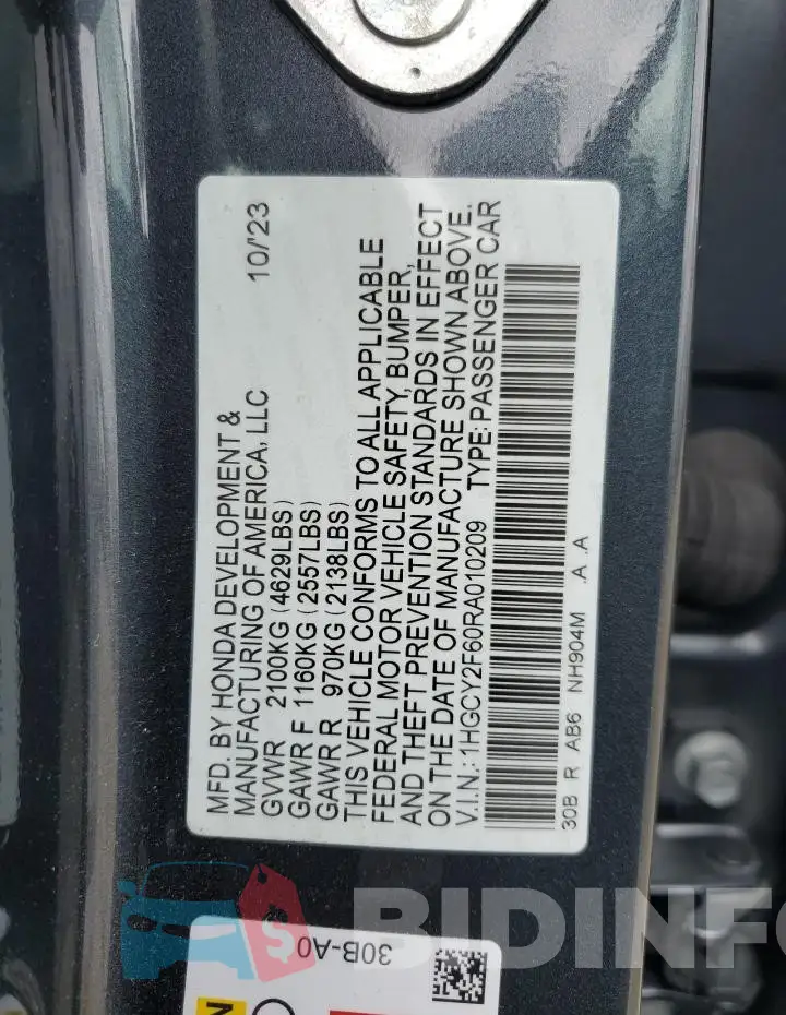 1HGCY2F60RA010209 Photo# 12