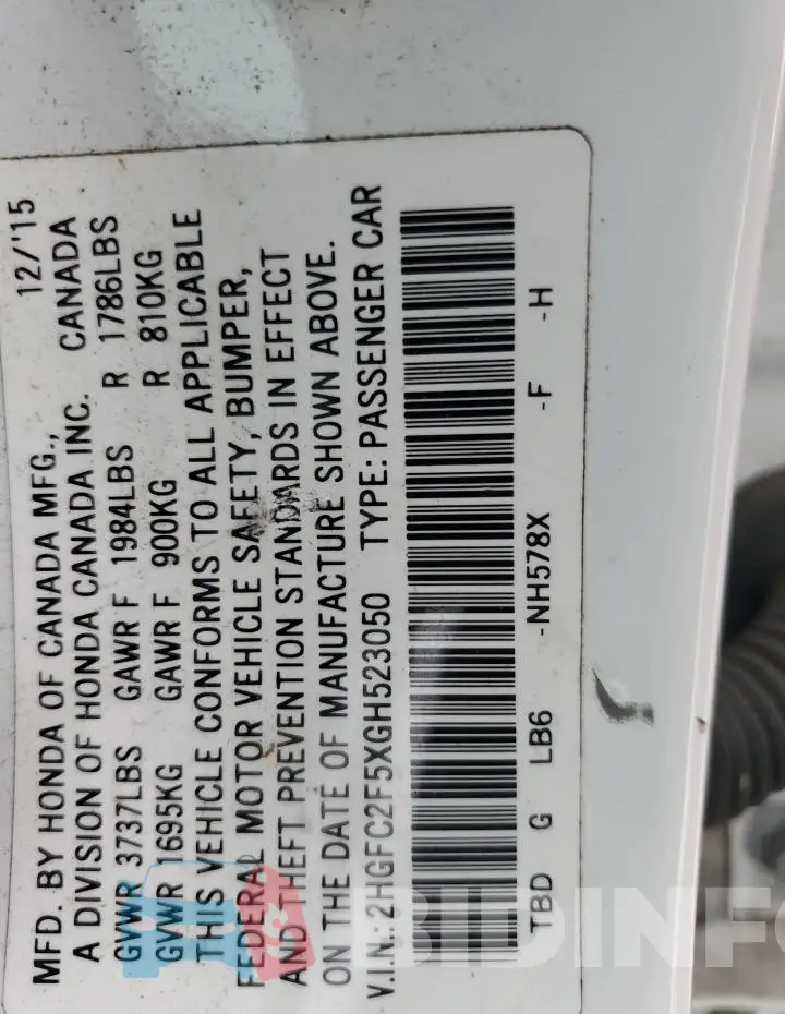 2HGFC2F5XGH523050 Photo# 12