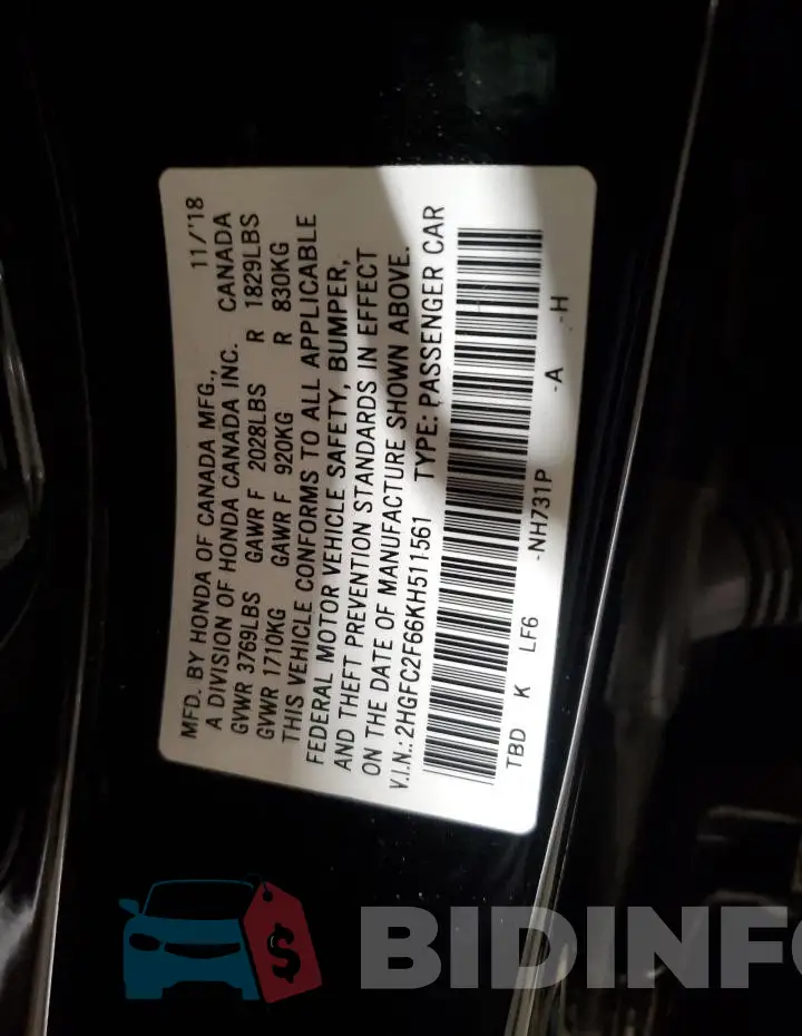 2HGFC2F66KH511561 Photo# 12