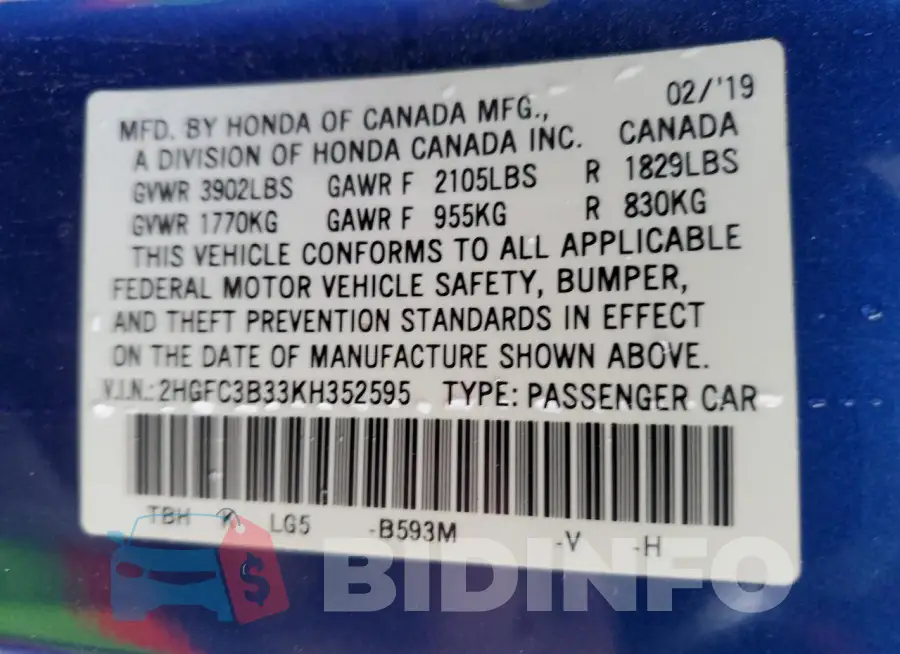 2HGFC3B33KH352595 Photo# 12