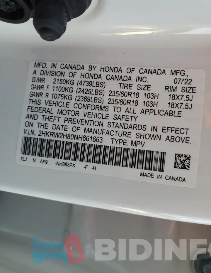 2HKRW2H80NH661663 Photo# 13