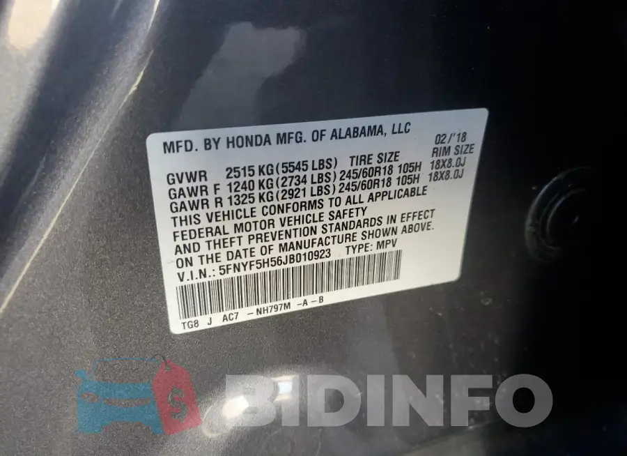 5FNYF5H56JB010923 Photo# 13