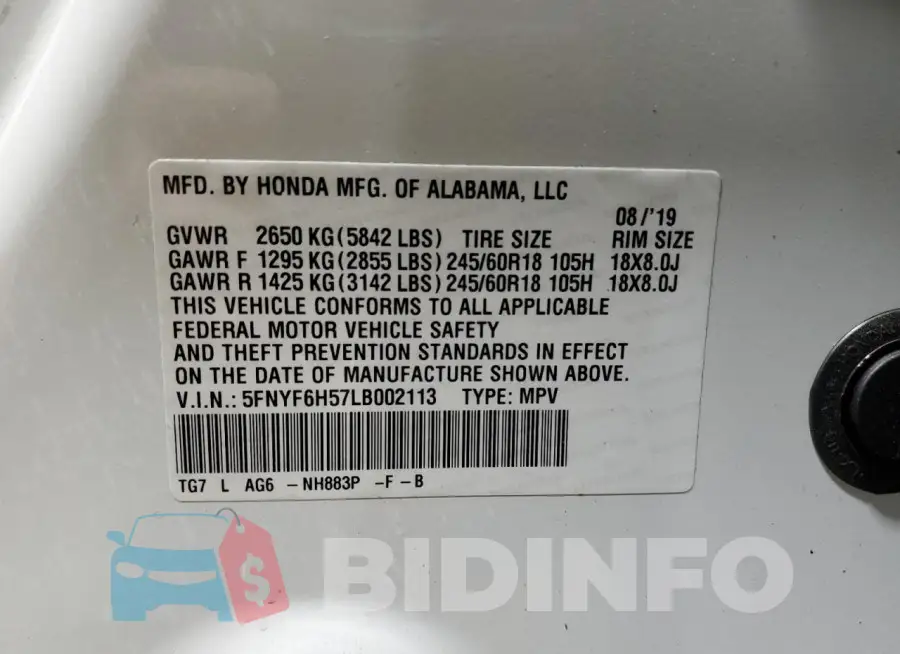 5FNYF6H57LB002113 Photo# 13