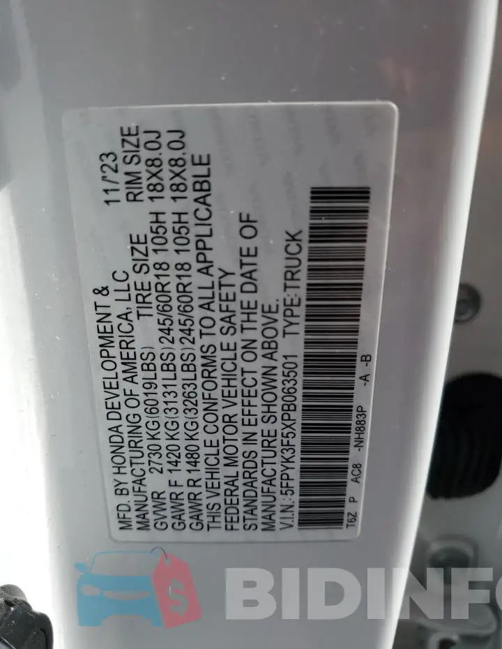 5FPYK3F5XPB063501 Photo# 12