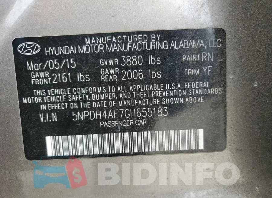5NPDH4AE7GH655183 Photo# 12