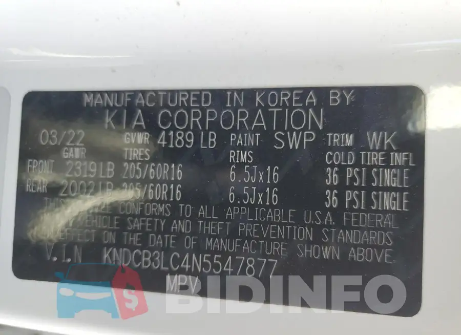 KNDCB3LC4N5547877 Photo# 14