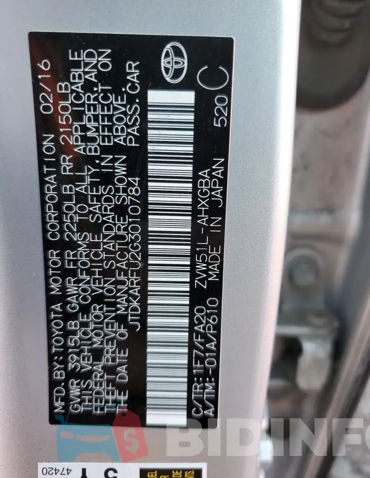 JTDKARFU2G3010784 Photo# 12