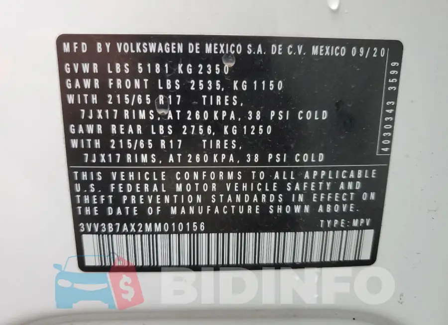 3VV3B7AX2MM010156 Photo# 13