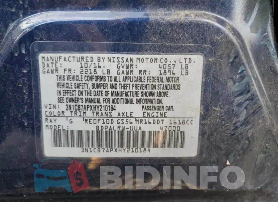 3N1CB7APXHY210184 Photo# 12