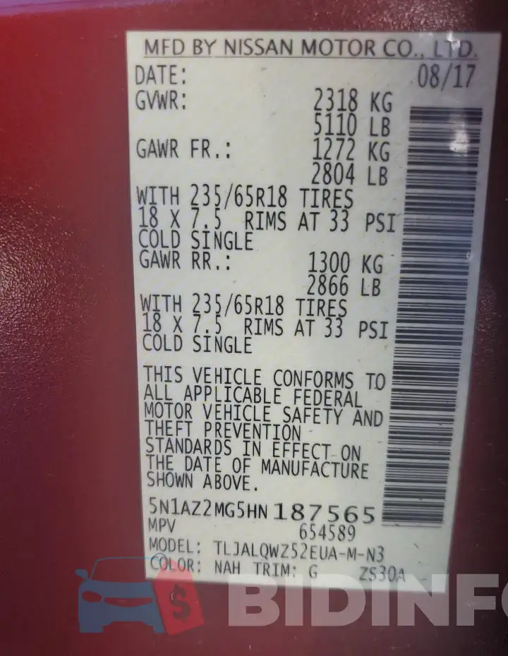 5N1AZ2MG5HN187565 Photo# 14