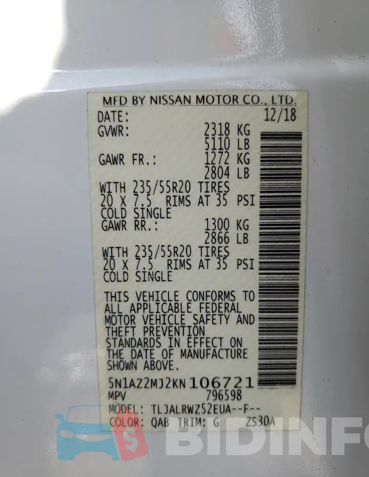 5N1AZ2MJ2KN106721 Photo# 13
