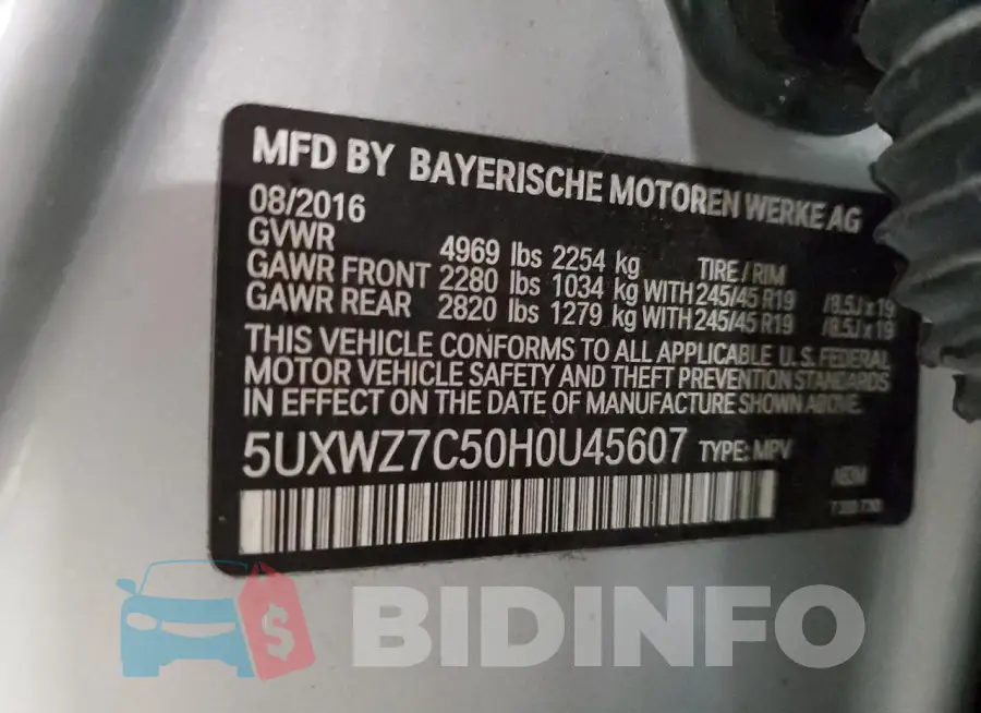 5UXWZ7C50H0U45607 Photo# 14