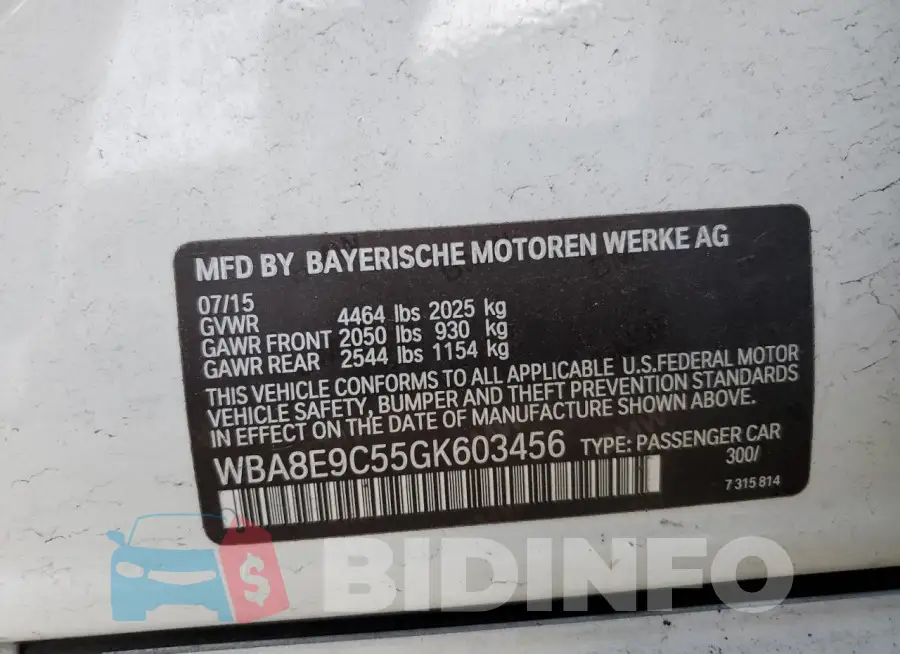 WBA8E9C55GK603456 Photo# 12