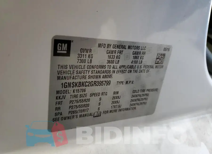 1GNSKBKC2GR395799 Photo# 14