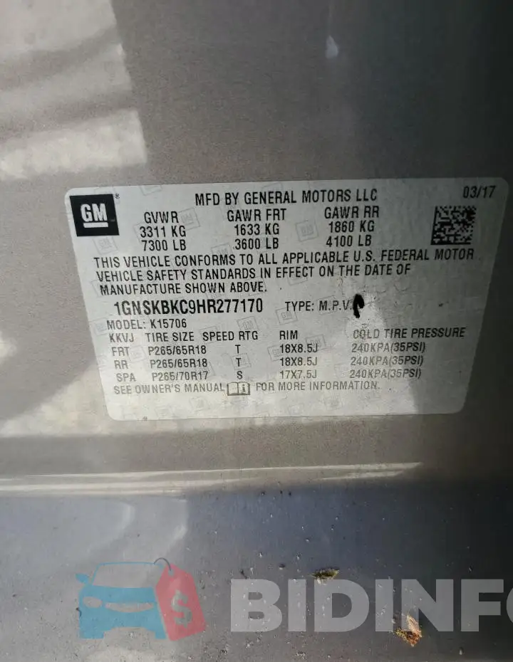 1GNSKBKC9HR277170 Photo# 13