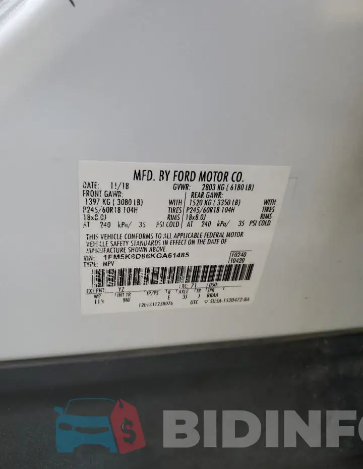 1FM5K8D86KGA61485 Photo# 13