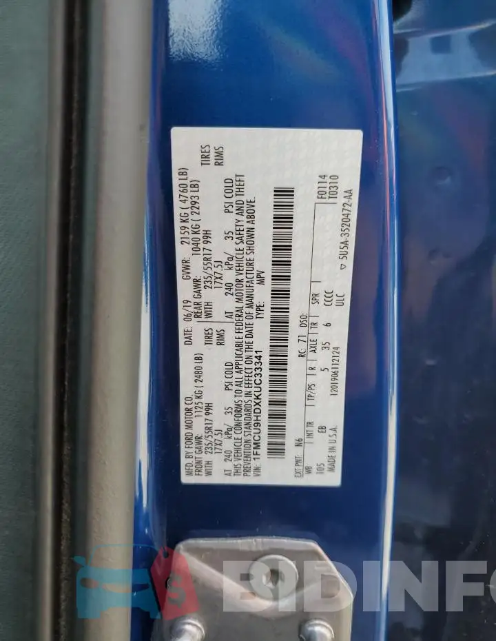 1FMCU9HDXKUC33341 Photo# 14