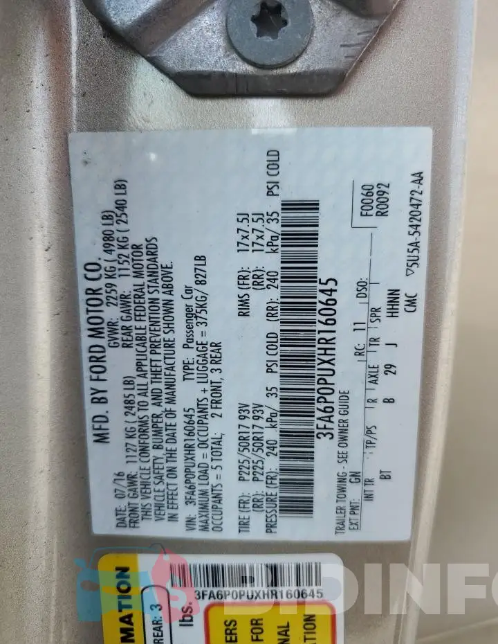 3FA6P0PUXHR160645 Photo# 12