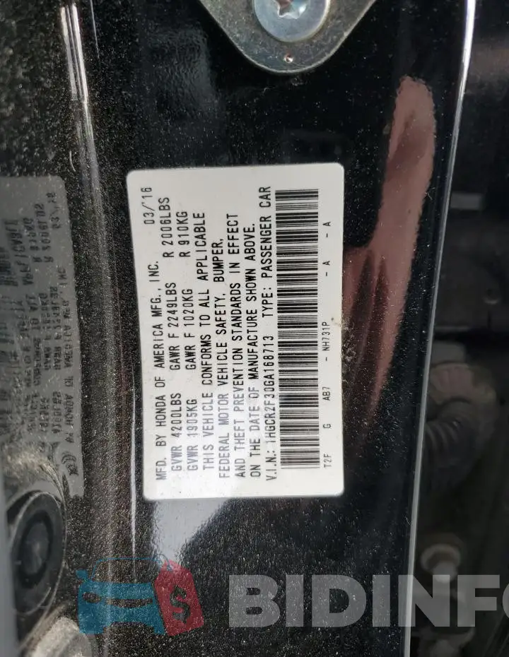 1HGCR2F30GA168713 Photo# 12