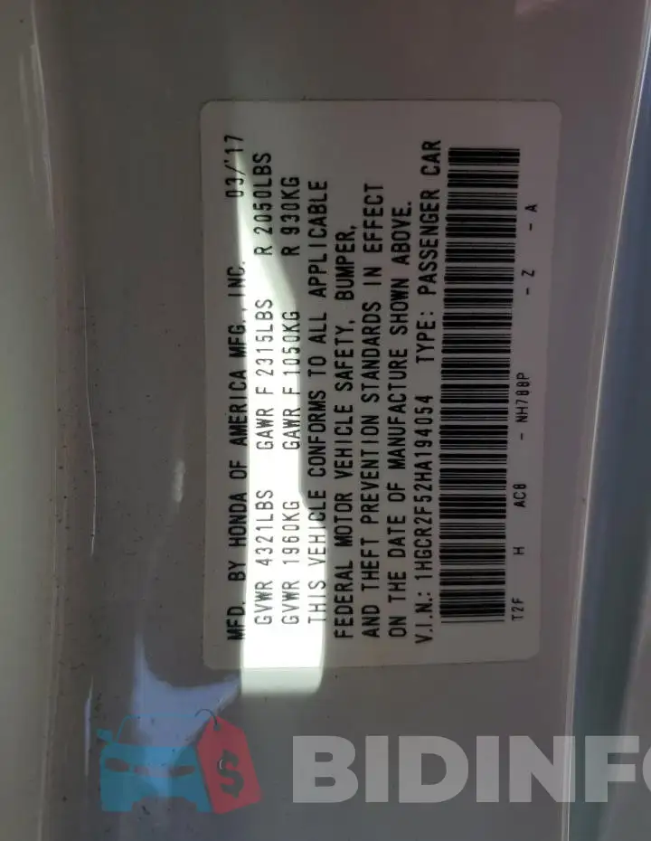 1HGCR2F52HA194054 Photo# 12