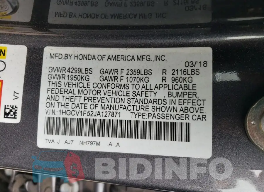 1HGCV1F52JA127871 Photo# 12