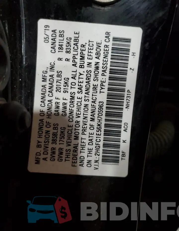 2HGFC1E56KH705963 Photo# 13