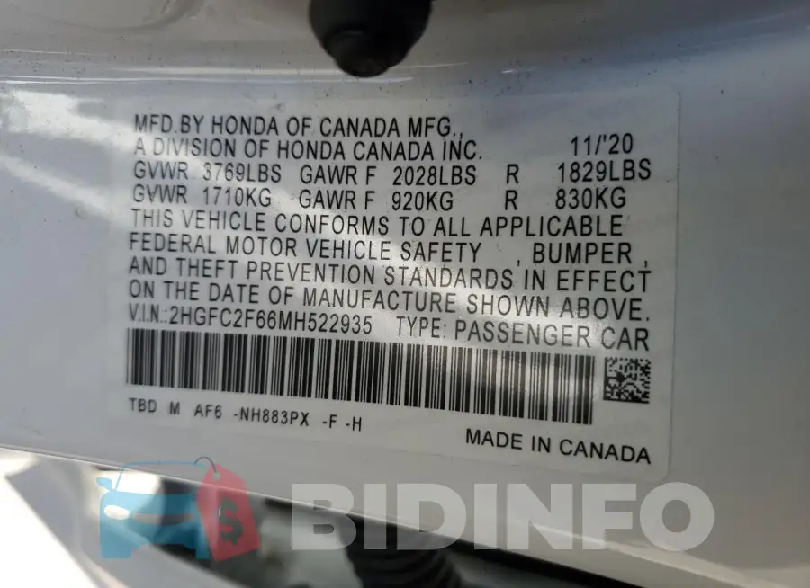 2HGFC2F66MH522935 Photo# 13
