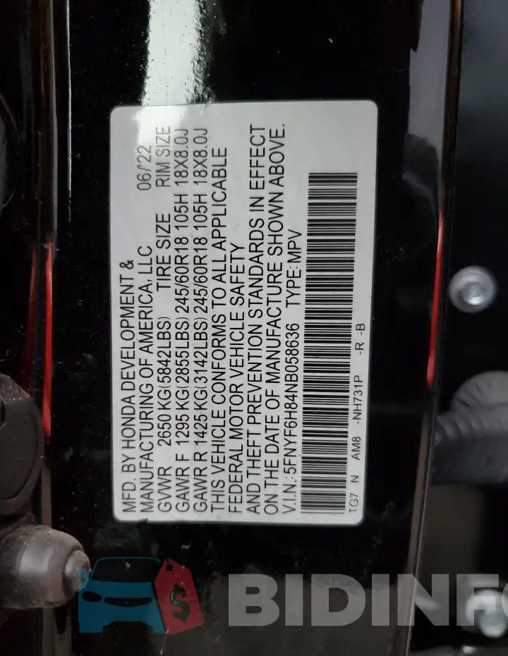 5FNYF6H84NB058636 Photo# 13