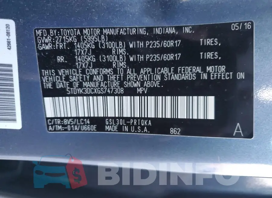 5TDYK3DCXGS747308 Photo# 14