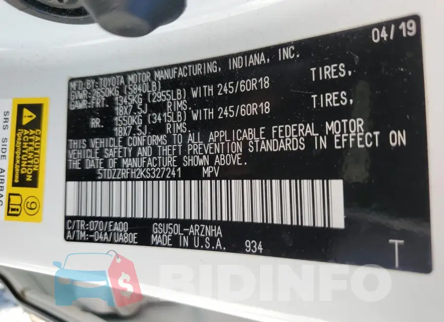 5TDZZRFH2KS327241 Photo# 13