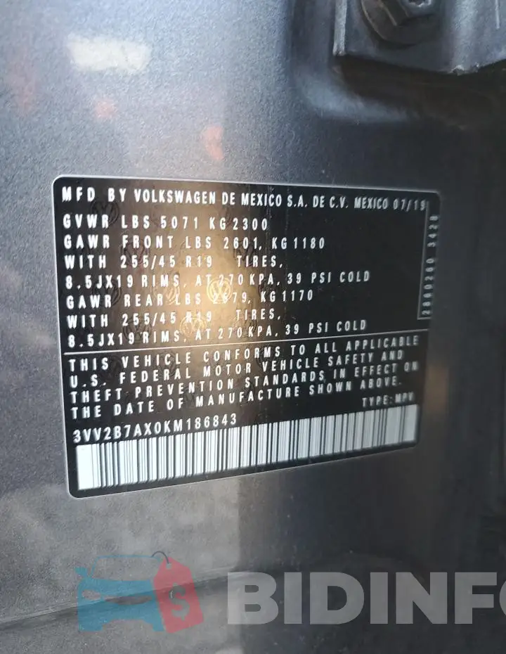 3VV2B7AX0KM186843 Photo# 13