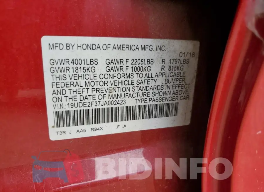 19UDE2F37JA002423 Photo# 13