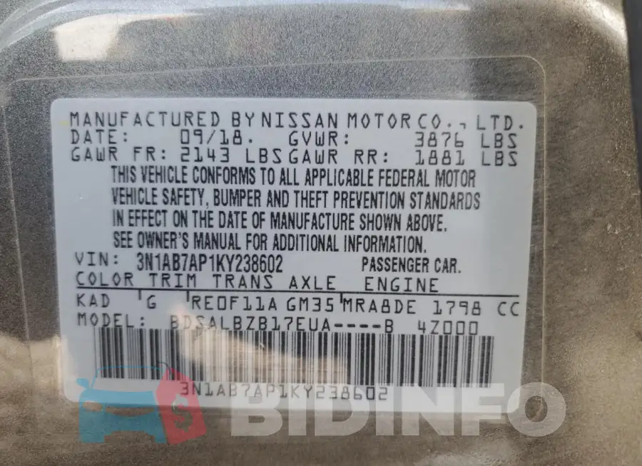 3N1AB7AP1KY238602 Photo# 13