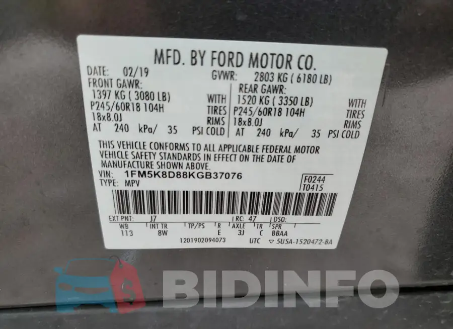 1FM5K8D88KGB37076 Photo# 13