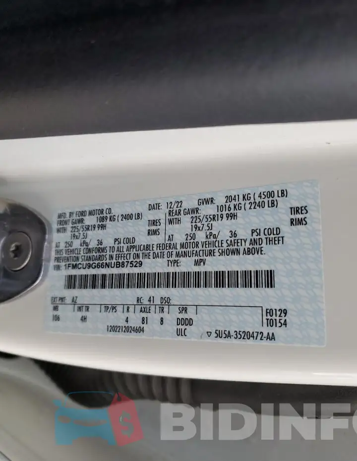 1FMCU9G66NUB87529 Photo# 12