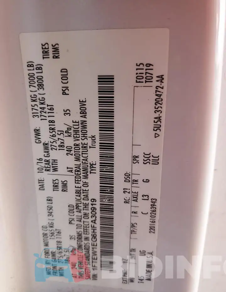 1FTEW1EG6HFA30919 Photo# 13