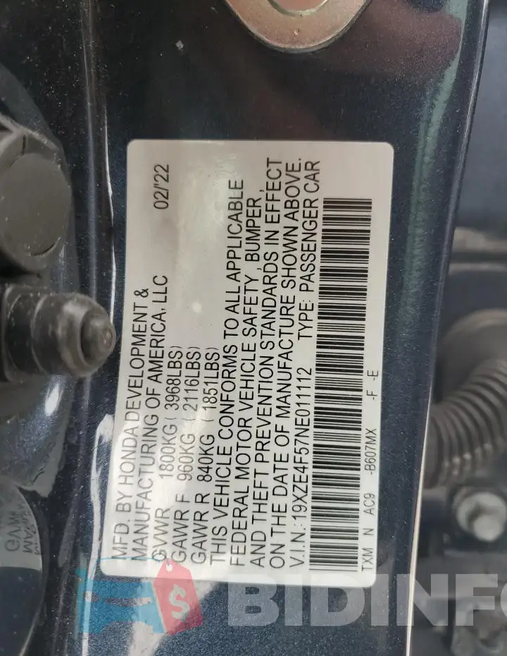 19XZE4F57NE011112 Photo# 12