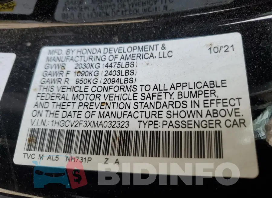 1HGCV2F3XMA032323 Photo# 12